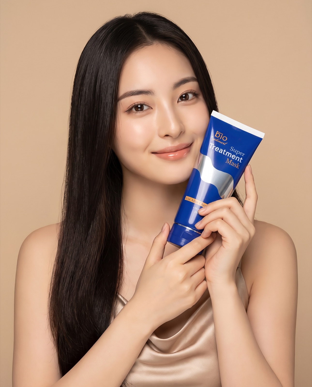Green bio Super Treatment Mask を持つモデル